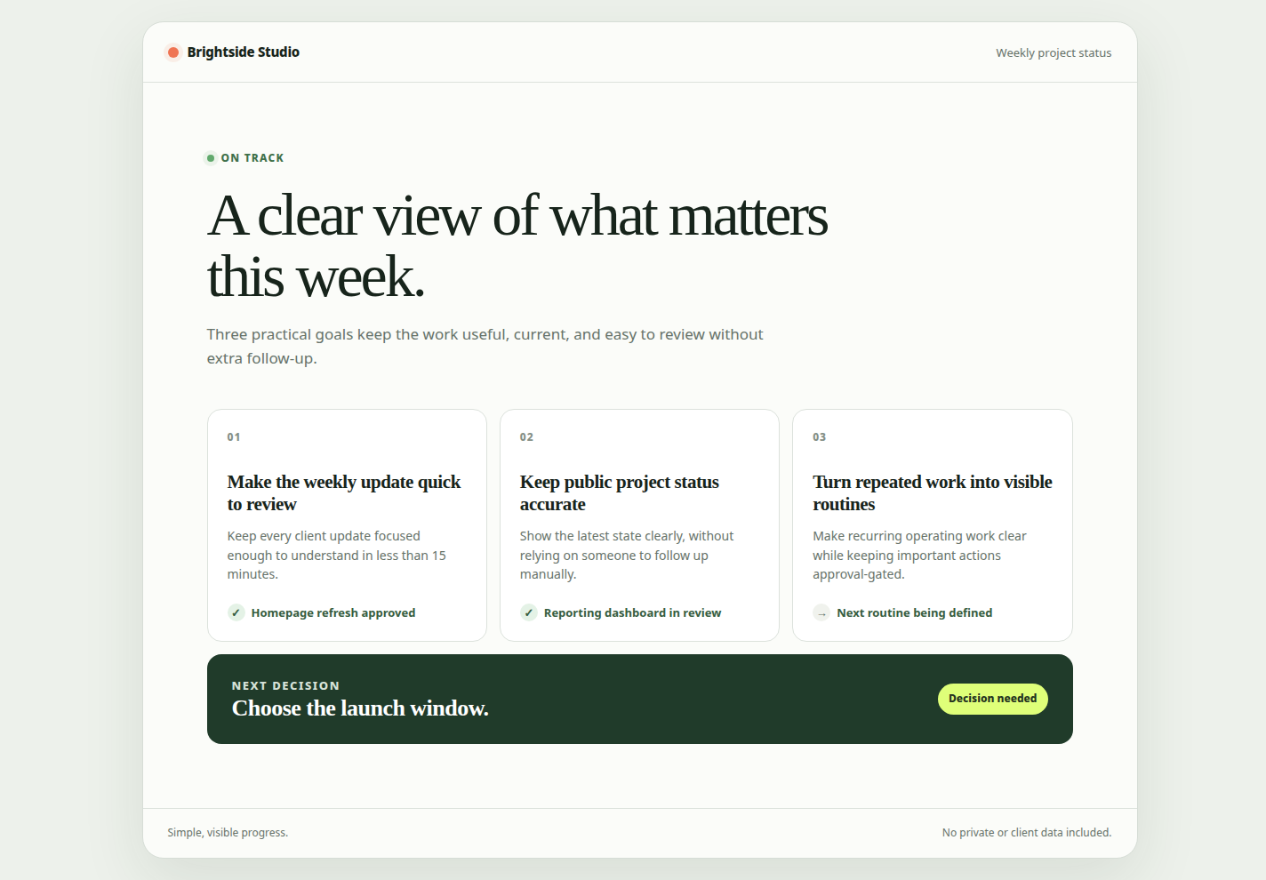 A real browser-inspected status page built in a separate Brightside session